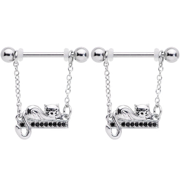 14G 5/8 Black Gem Nap Cat Dangle Nipple Ring Set