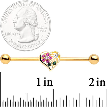 14G Clear Pink Gem Flower Heart Gold Tone Barbell Industrial
