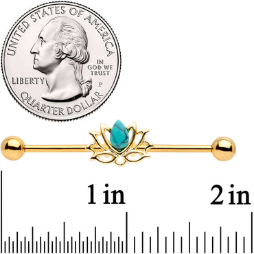 14G Faux Turquoise Gold Tone Lotus Flower Industrial Barbell 38mm