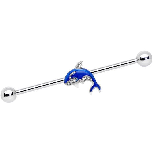 14G Clear Gem Sea Bling Blue Orca Whale Industrial Barbell 38mm