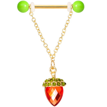 14G 9/16 Red Green Gem Oak Leaf Acorn Barbell Nipple Ring Set