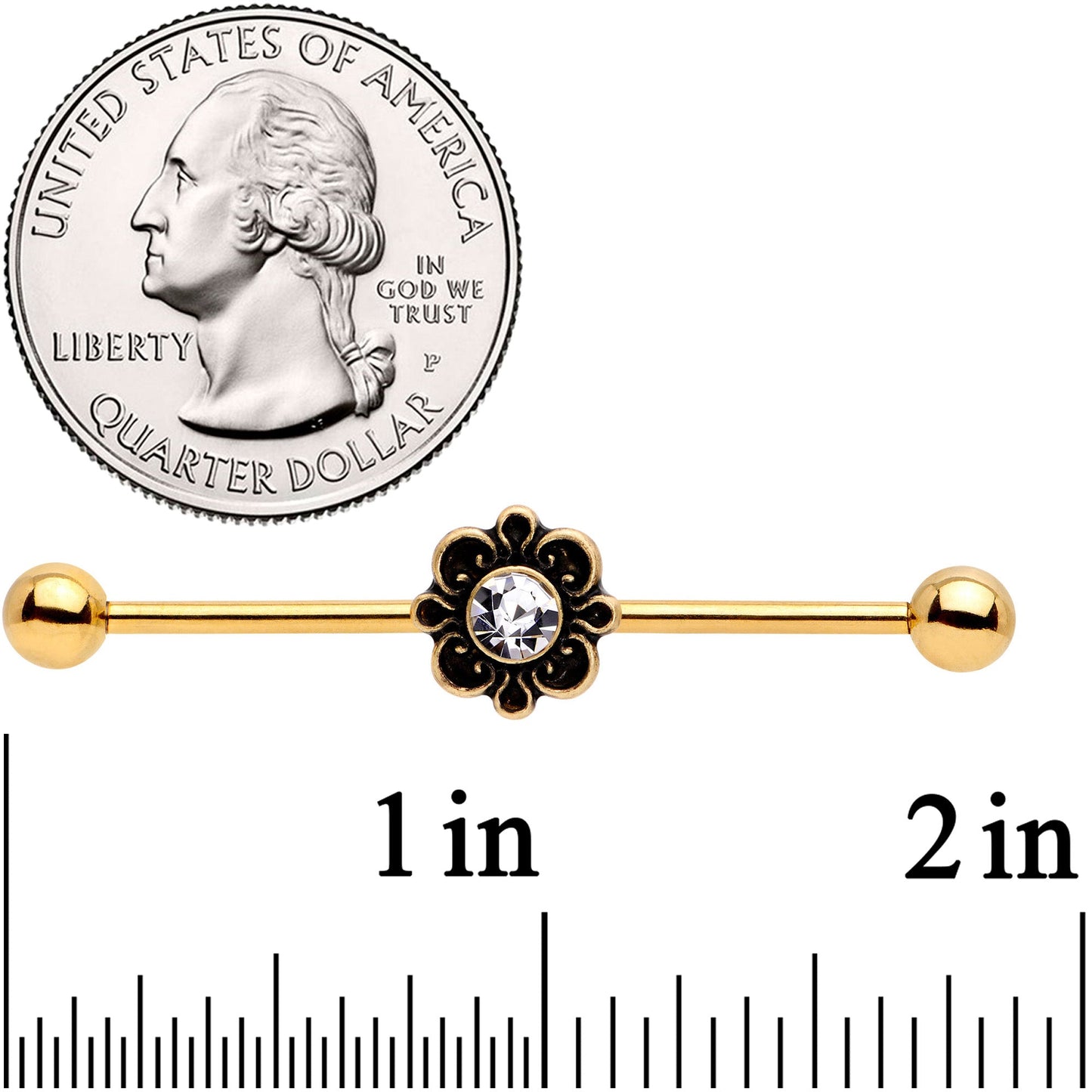 14G Clear Gem Gold Tone Flower Industrial Barbell 38mm