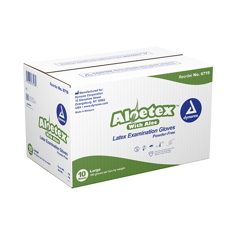 Dynarex AloeTex Latex Gloves w/ Aloe, Green - 100ea/bx, 10bxs/cs (1000 Count)