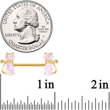 14G 9/16 White Faux Opal Gold Tone Cat Barbell Nipple Ring Set