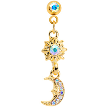 16G 1/4 Aurora Gem Gold Tone Moon Dangle Cartilage Tragus