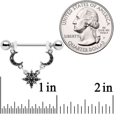 14G 9/16 Black Gem Crescent Moons Star Dangle Nipple Ring Set