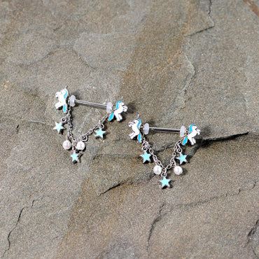 14G 5/8 Blue White Unicorn Star Chain Dangle Nipple Ring Set