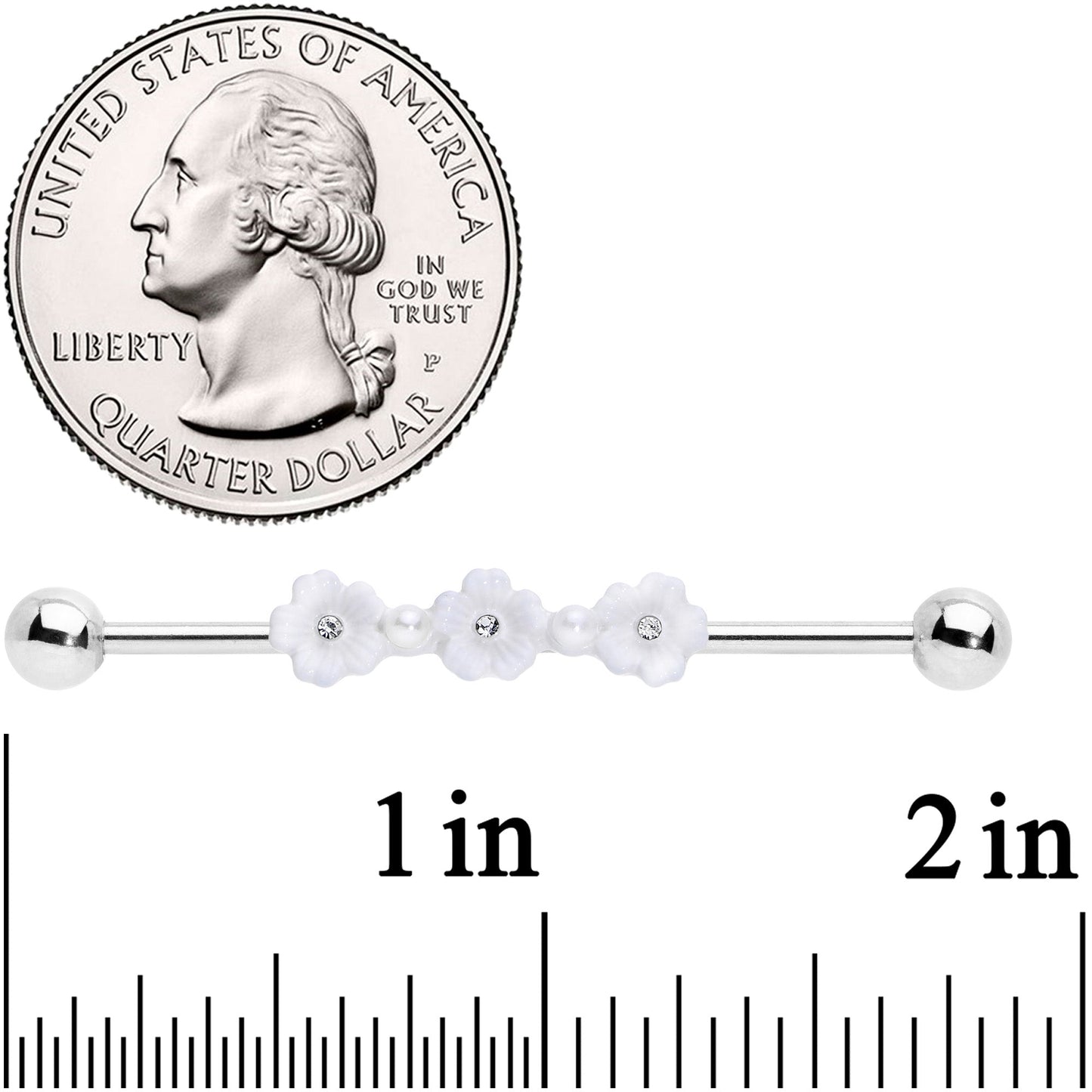 14G Clear Gem White Flower Industrial Barbell 38mm