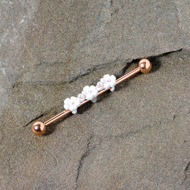 14G Aurora Gem Rose Gold Tone Flower Industrial Barbell 38mm