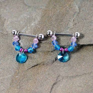14G 5/8 Pink Aqua Gem Disc Dangle Barbell Nipple Ring Set