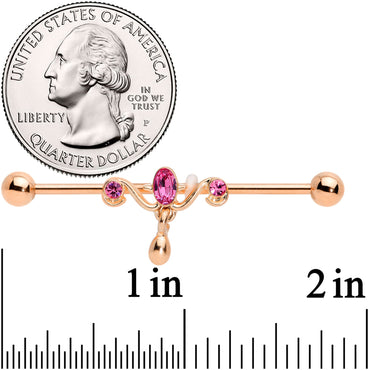 14G Pink Gem Rose Gold Tone Drop Dangle Industrial Barbell 38mm