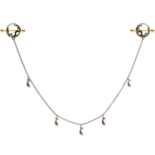 14G Clear Gem Gold Tone Moon Mermaid Nipple Shield Dangle Chain