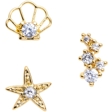 16G 1/4 Clear CZ Gem Gold Tone Nautical Cartilage Tragus Set of 3