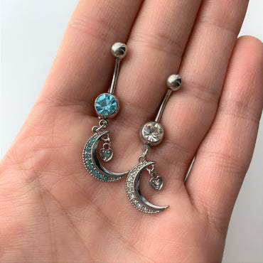 Clear CZ Gem Heart Padlock Crescent Moon Dangle Belly Ring