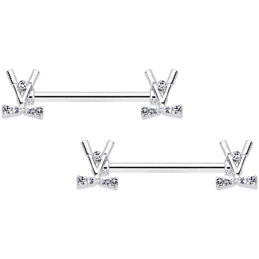 14G 9/16 Clear CZ Gem Crossed Golf Clubs Barbell Nipple Ring Set