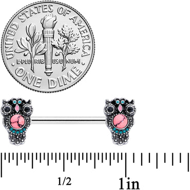 14G 9/16 Black Gem Pink Orb Owl Barbell Nipple Ring Set