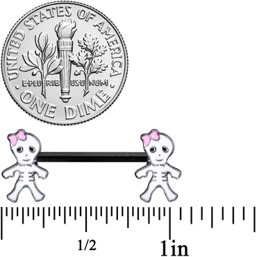 14G 9/16 Black Skeleton Girl Halloween Barbell Nipple Ring Set