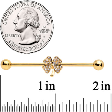 14G Clear Gem Gold Tone Shamrock Industrial Barbell 38mm