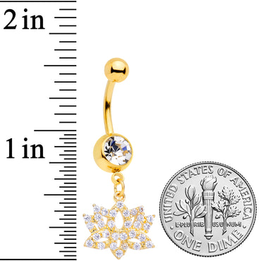 Clear CZ Gem Gold Tone Lotus Flower Dangle Belly Ring