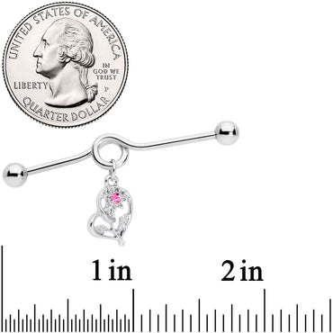 14G Pink Gem Blossoming Heart Flower Dangle Project Bar 38mm