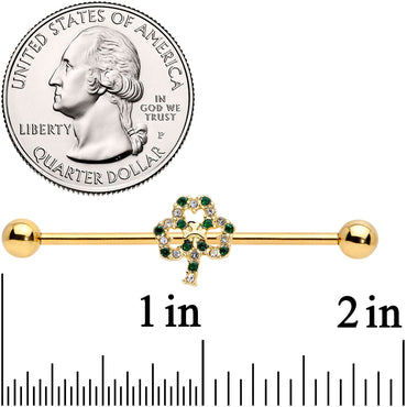 14G Green Gem Gold Tone Double Shamrock Industrial Barbell 38mm