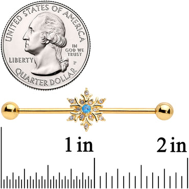 14G Blue CZ Gem Gold Tone Snowflake Industrial Barbell 38mm