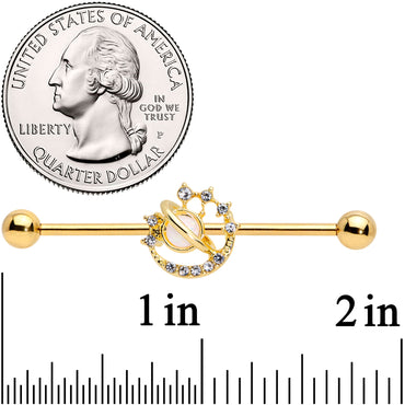 14G Clear Gem Gold Tone Saturn Moon Industrial Barbell 38mm