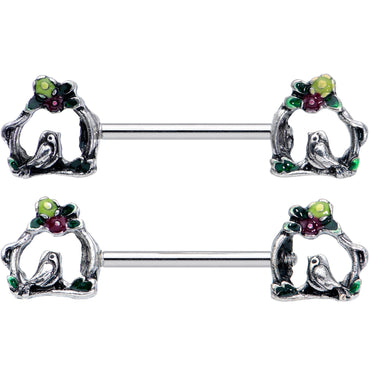 14G 9/16 Purple Yellow Flower Swing Bird Barbell Nipple Ring Set