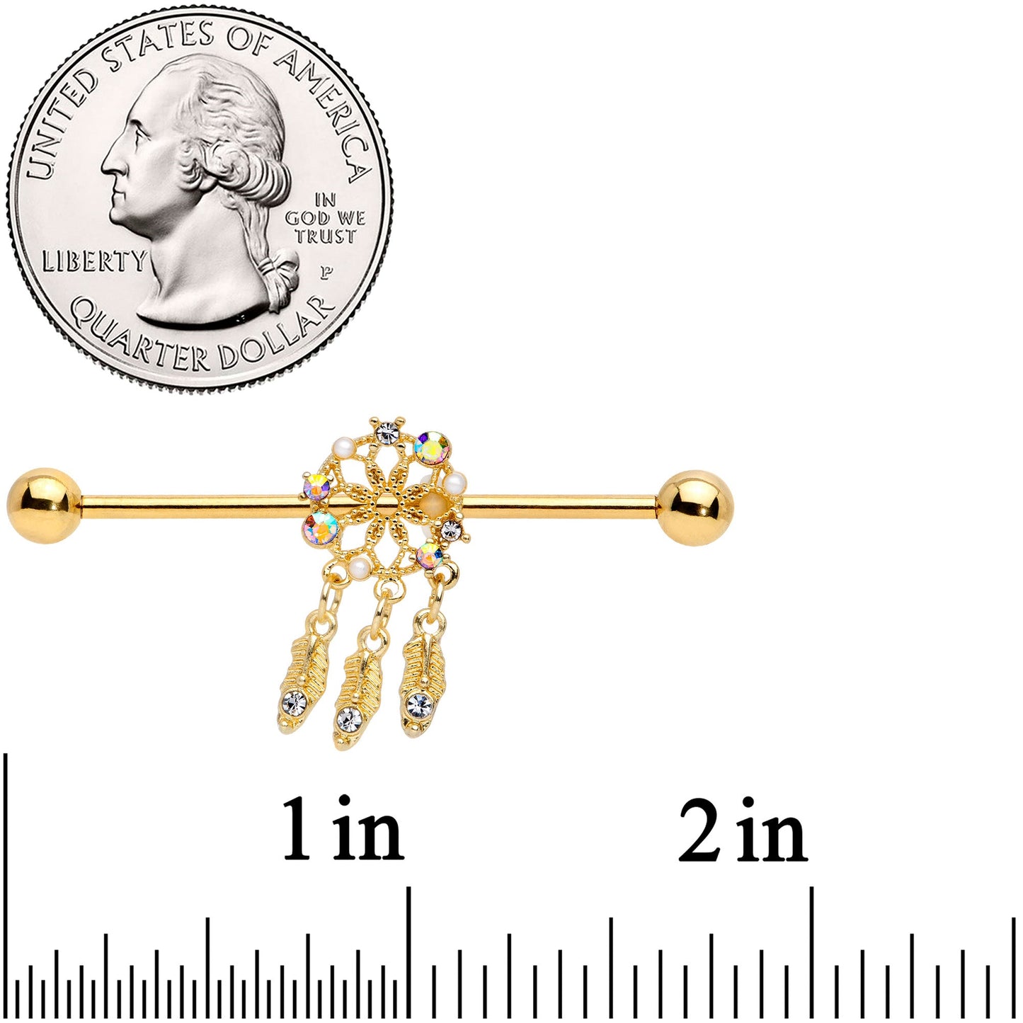 14G Aurora CZ Gem Gold Tone Dreamcatcher Industrial Barbell 38mm