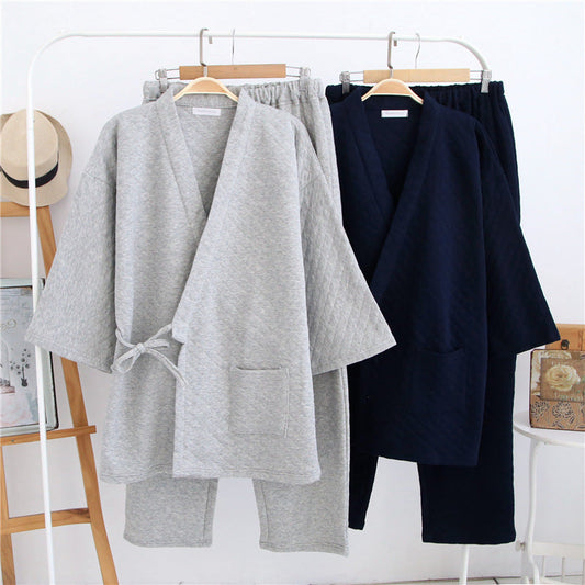 New Autumn Winter Mens Japanese-Style Pure Cotton Air-Layer Loungewear Set