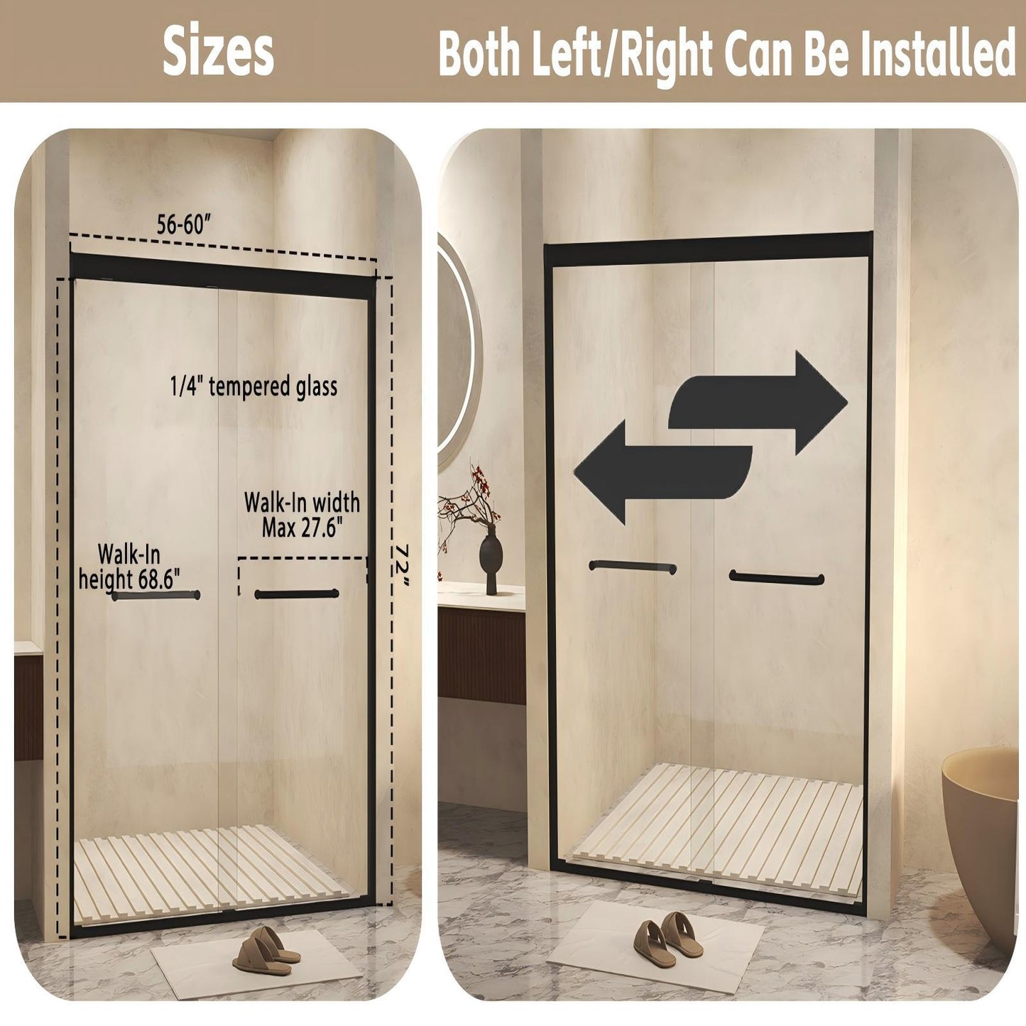 Modern Matte Black Aluminum Frame Double Sliding Shower Door, 56-60in x 72in