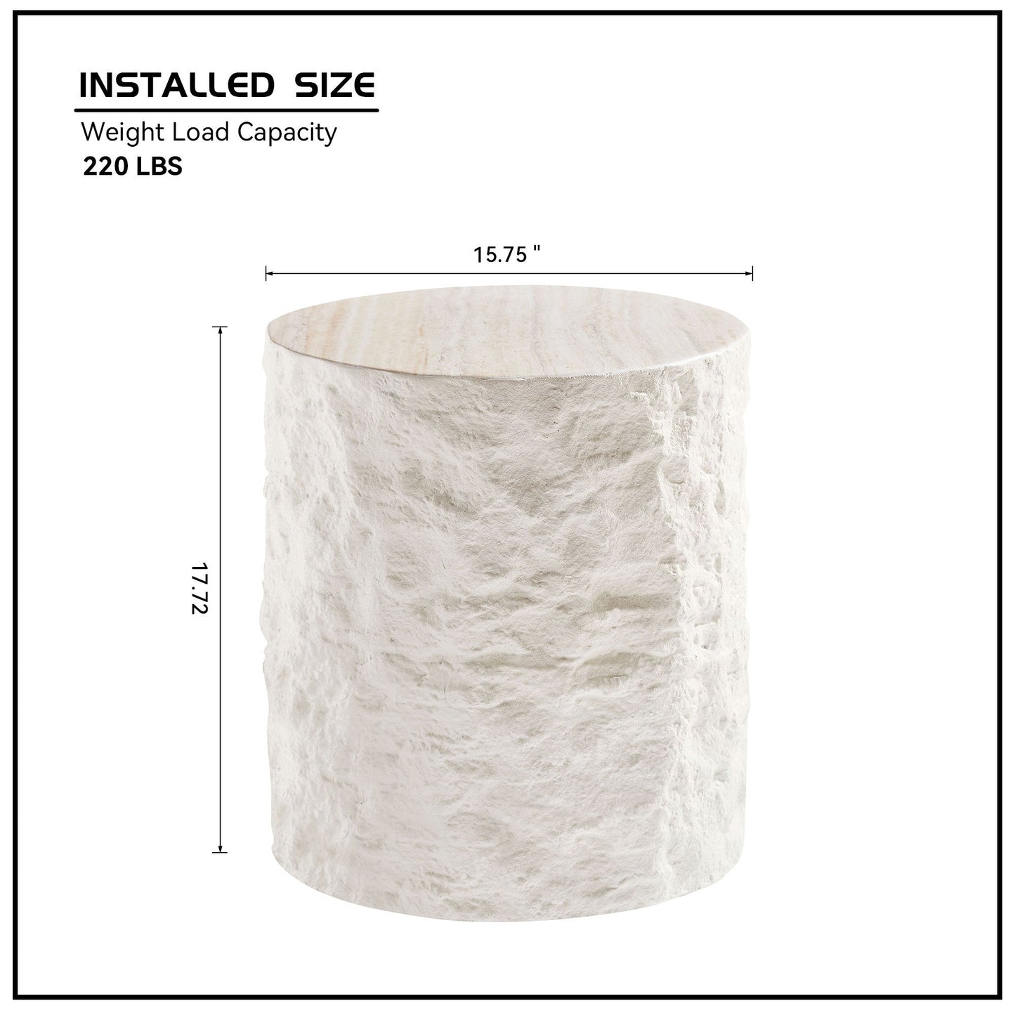 15.75 in Round Fiberglass Side Table, Imitation Stone Design, No Assembly, Beige