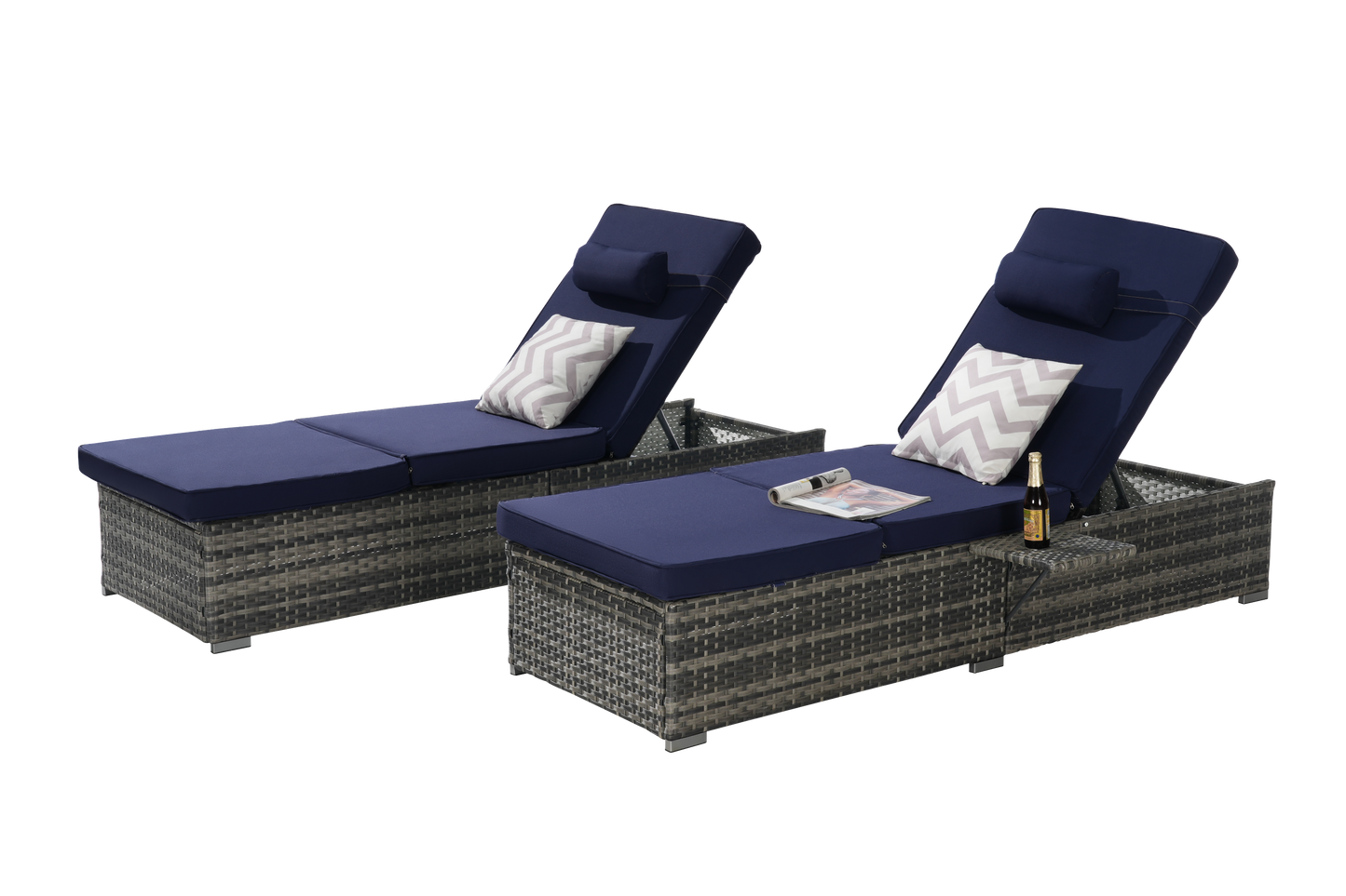Outdoor Chaise Lounge Chair Set of 2, Rattan Storage Patio Pool Chairs with Cushion
