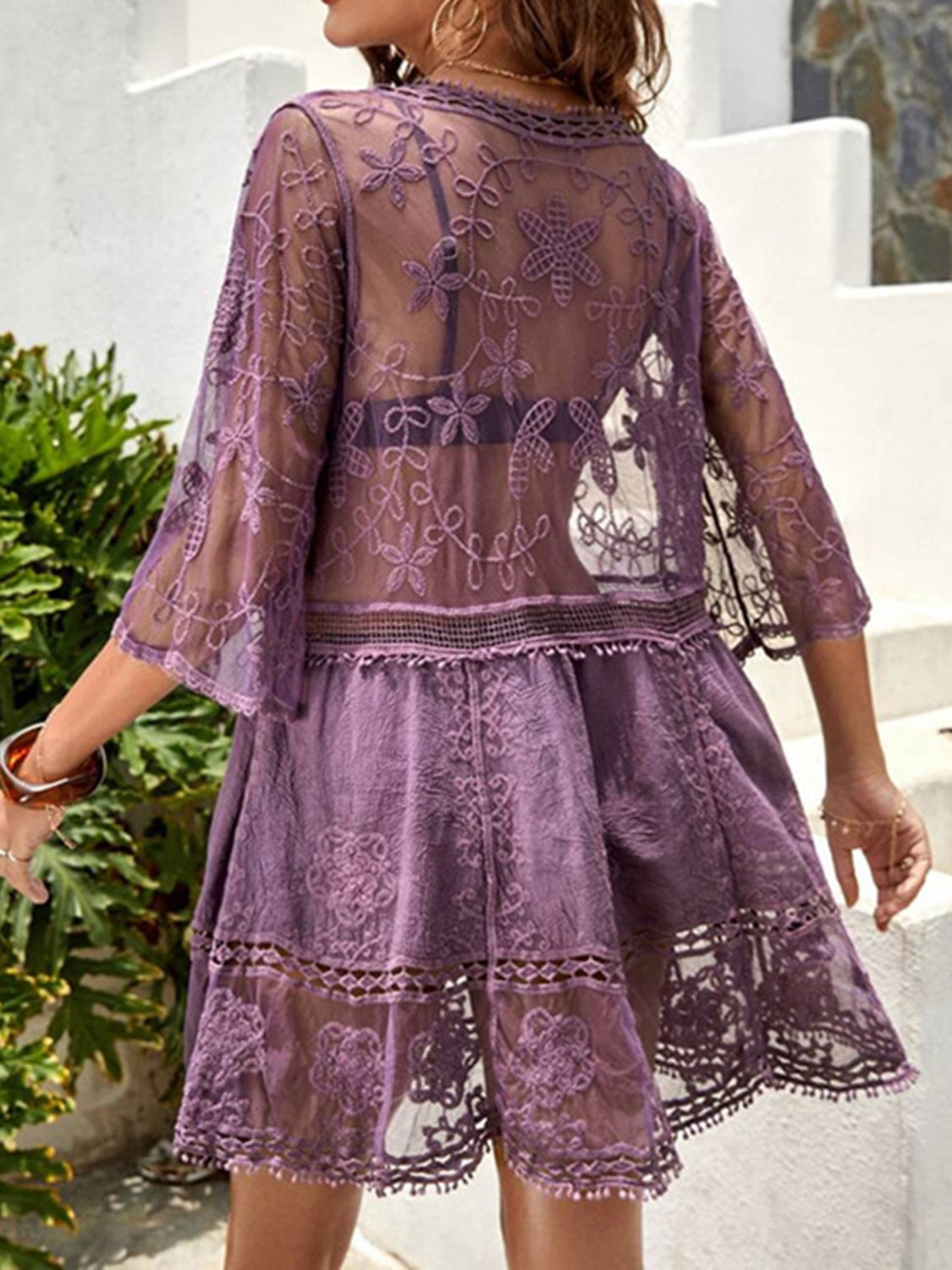 Semi-Sheer Lace Detail Beach Cover-Up Dress