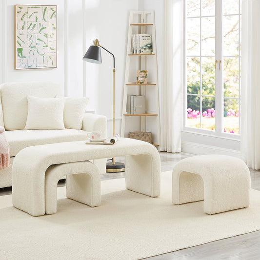 Set of 3 U-Shaped Modern Bench Teddy Ottoman, Cream, 43.5x16.5x19