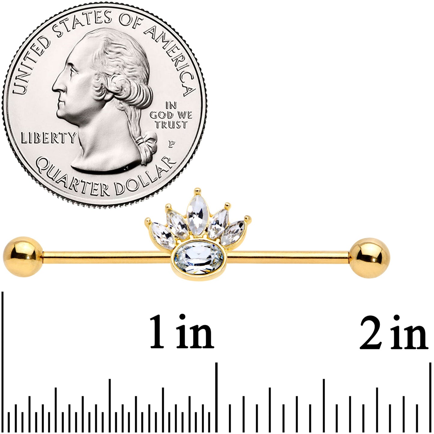 14G Clear Gem Gold Tone Anodized Crown Industrial Barbell 38mm