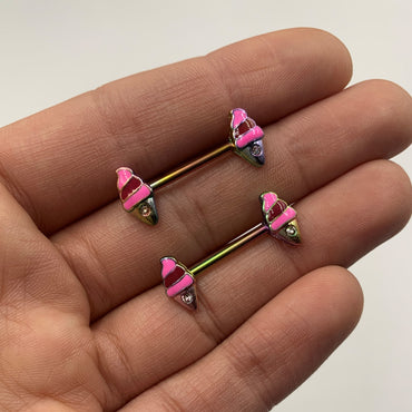 14G 9/16 Clear Gem Rainbow Ice Cream Cone Barbell Nipple Ring Set