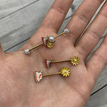 14G Aurora Gem Gold Tone Butterfly Flower Industrial Barbell 38mm