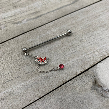 14G Clear Pink Gem Watermelon Chain Dangle Industrial Barbell 38mm