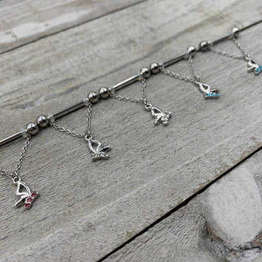 14G 5/8 Aqua Gem Hollow Butterfly Chain Dangle Nipple Ring Set
