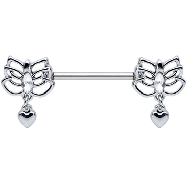 14G 5/8 Clear Gem Lotus Heart Dangle Barbell Nipple Ring Set