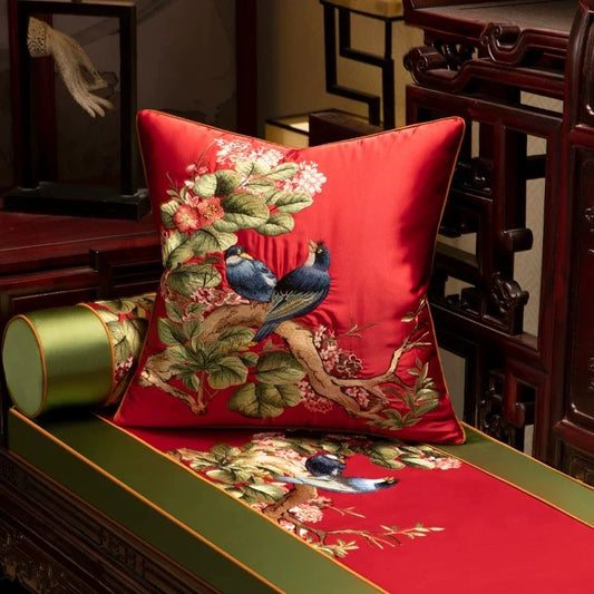 Embroidered Magpies Silk‑Like Pillowcase – Asian Home Decor 18" × 18"