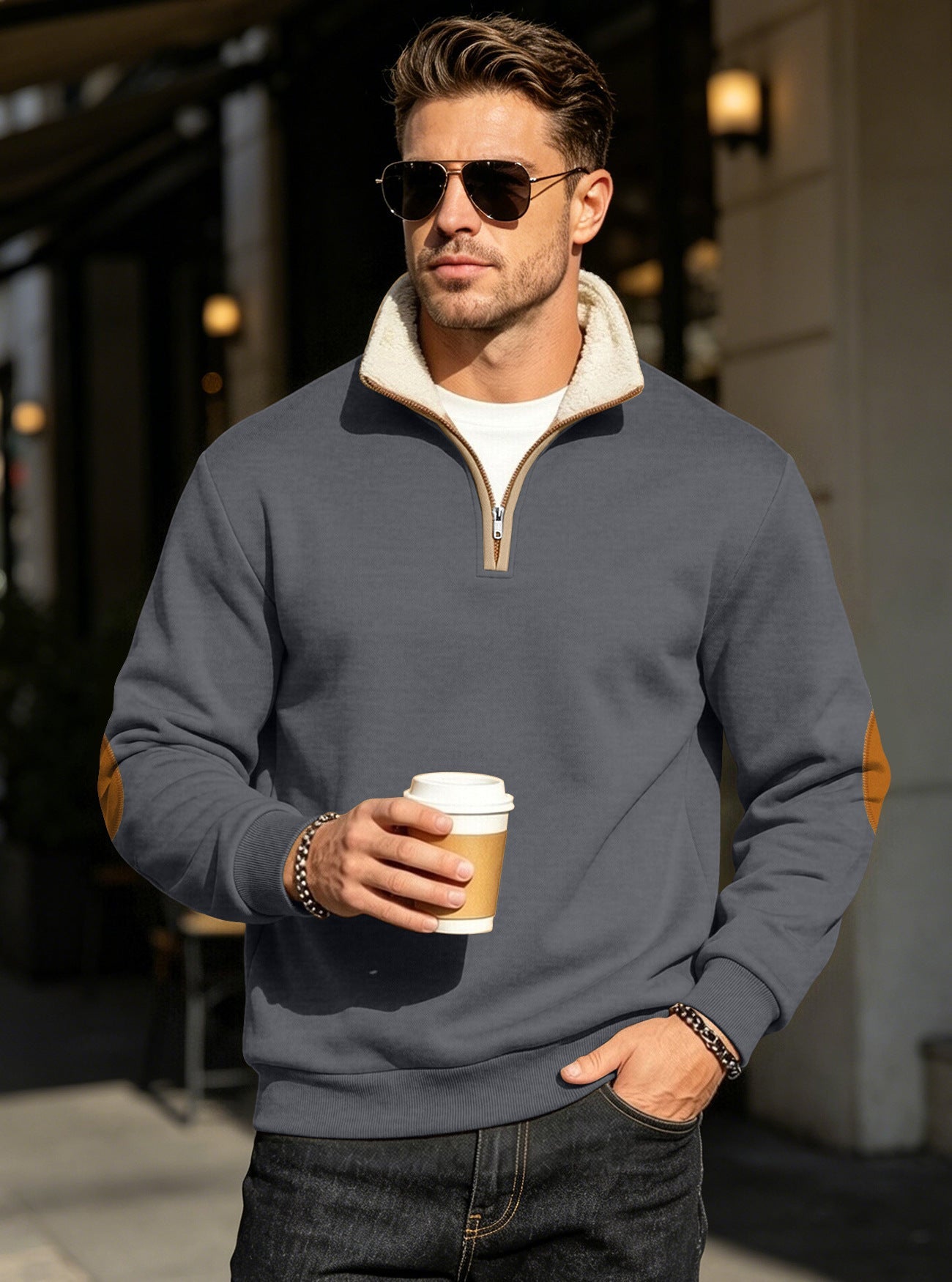 Retro Patchwork Embroidered Half-Placket Mens Long-Sleeve Sweatshirt