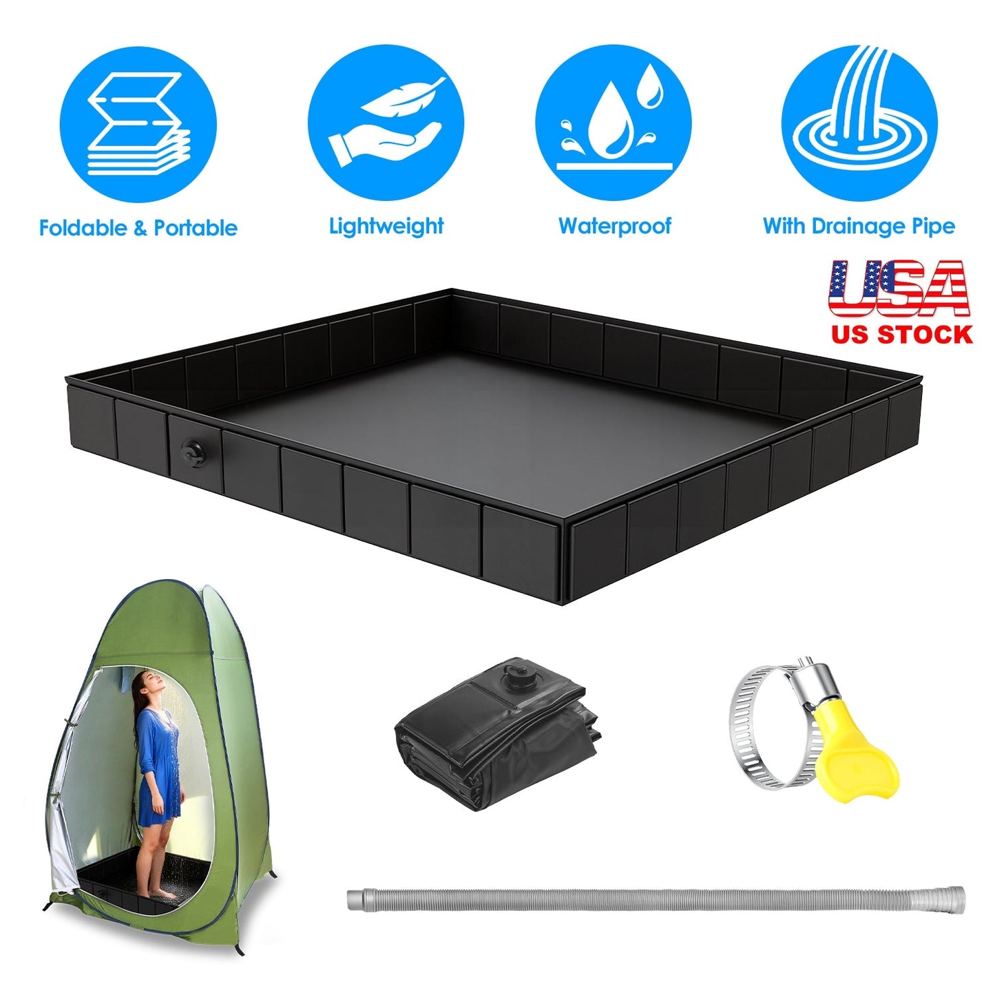 41x41x5.5in Portable Shower Pan Foldable Shower Basin Collapsible Camping Shower Tent Base with Detachable Drain Pipe for Indoor & Outdoor