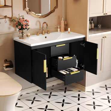36'' Wall Mounted Bathroom Vanity with Resin Sink and 2 Drawers