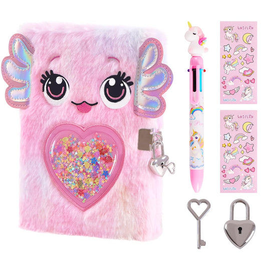 Girls Heart Diary with Lock and Keys - Cute Plush Secret Journal Notebook Gift Ages 6-8