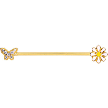 14G Clear Gem Gold Tone Butterfly Daisy `Industrial Barbell 38mm