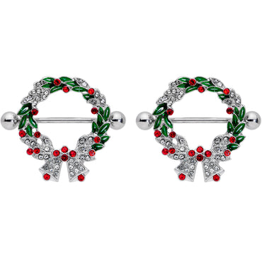 14G 11/16 Red Green Gem Christmas Wreath Nipple Shield Set