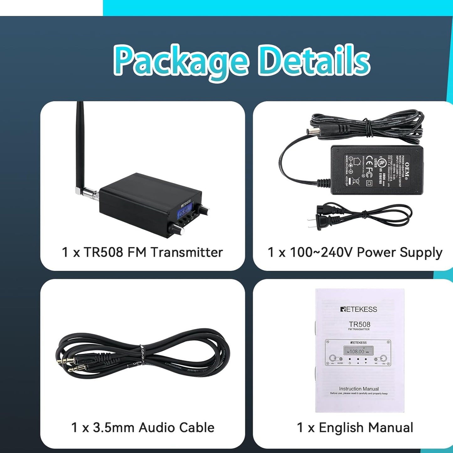 Retekess TR508 FM Transmitter for Church,FM Broadcast Transmitter,Long Range FM Radio Stereo Station with 3.5mm Mic Audio Jack for Drive in Movie,Parking Lot,Home,Library,Fcc Certified