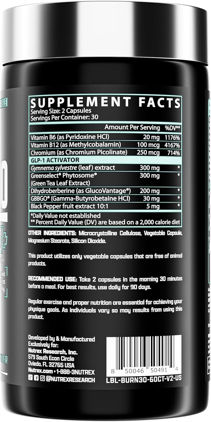 Nutrex Research BURN30 GLP1+ Super Berberine Chromium Picolinate Weight Management Support | Advanced Appetite Control & Metabolism Support with Clinically Studied Ingredients | Stimulant Free